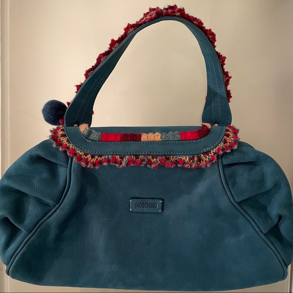 Moschino Blue Leather with Crocheted Accents Shoulder Bag - Picture 2 of 11
